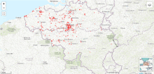 a map of belgium shows a lot of red spots