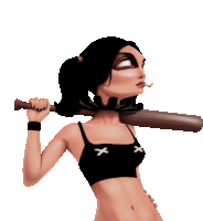 a woman in a black top with crosses on it is holding a baseball bat