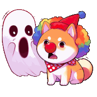 a cartoon of a dog dressed as a clown with a ghost in the background