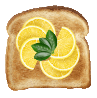 a slice of bread with lemon slices and green leaves on top