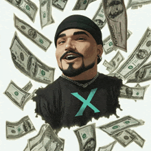 a man in a black shirt with a blue x on it is surrounded by hundred dollar bills