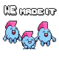 a pixel art of a cartoon character with the words " we made it " below it