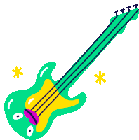 an illustration of a green and yellow guitar with a pink mouth