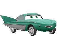 a green car with white tires and a tail fin