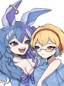 a drawing of a girl with blue hair and a girl with blonde hair