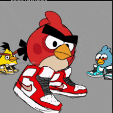 a drawing of angry birds wearing red nike shoes