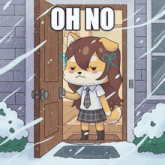 a cartoon of a girl standing in front of an open door with the words oh no written on it