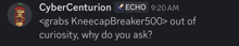 a message from cyber centurion echo 9:20 am grabs kneecapbreaker500 out of curiosity why do you ask