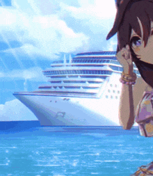 a girl stands in front of a cruise ship in the water