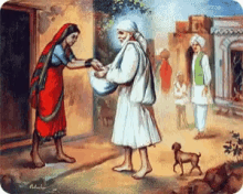 a painting of a woman giving a gift to a man in a white robe