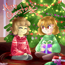 a drawing of two girls sitting under a christmas tree with merry christmas written on it