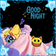 a good night greeting with cartoon characters sleeping