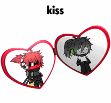a heart shaped mirror with a picture of a boy and a girl on it