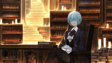 a girl with blue hair is sitting in a chair in front of bookshelves