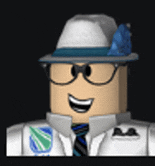 a roblox character wearing a white hat and glasses is smiling .