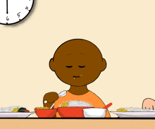 a cartoon of a boy eating food with a clock in the background that shows the time as 11:55