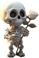 a cartoon skeleton is holding a white rose in his mouth