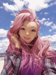 a girl with pink hair and blue eyes is smiling in front of a blue sky