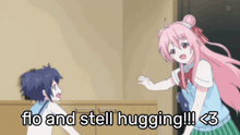 two anime girls are hugging each other with the words " flo and stell hugging !!! < 3 "