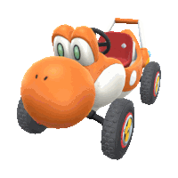 an orange and white cartoon character with a red seat and a steering wheel