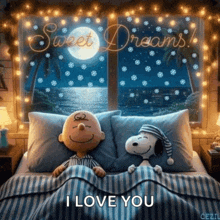 snoopy and charlie brown are sleeping in a bed with the words i love you written on the bottom