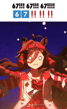 a picture of a girl with a red hat and the number 67 on it