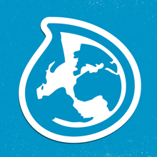a blue background with a white circle with a globe in it