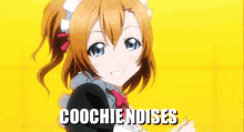 a girl in a maid outfit with the words " coochie noises " on the bottom right