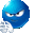 a blue smiley face with an angry face is holding a pair of sunglasses .