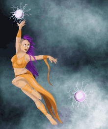 a painting of a woman with purple hair holding a purple ball