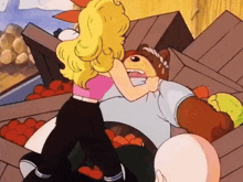 a cartoon of a woman hugging a bear in front of a pile of fruit boxes
