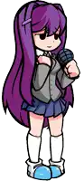 a cartoon girl with purple hair is holding a microphone in her hands .