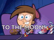 a cartoon of a boy playing a video game with the words to the moon below him