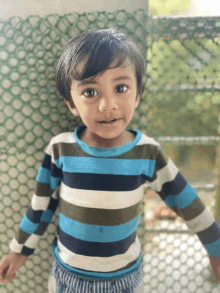 a little boy wearing a striped shirt stands in front of a green fence