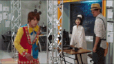 a man in a clown costume says banjou while standing next to a woman