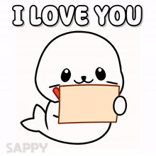 a seal holding a card with a heart on it and the words " i love you " above it