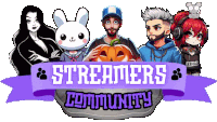 a streamers community logo with cartoon characters and a purple ribbon