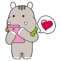 a cartoon hippo is holding a pink cell phone with a heart in a speech bubble