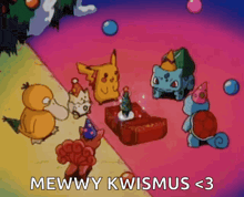 a group of cartoon characters are gathered around a gift box with the words mewwy kwismus < 3 written below them