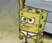a close up of a cartoon character , spongebob squarepants , standing next to a mattress .