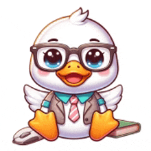 a cartoon duck wearing glasses and a tie is sitting next to a book .