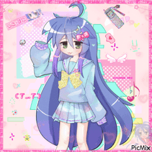 a drawing of a girl with long blue hair and a bow on her head with the words picmix on the bottom right