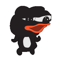 a black frog with an orange beak is walking