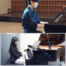 a man and a woman are playing pianos with lkm-a written on the bottom