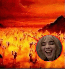 a woman is smiling in front of a painting of people in hell