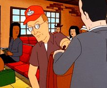 a cartoon of a man wearing an orange hat and sunglasses