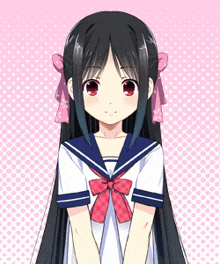 a girl with long black hair is wearing a school uniform