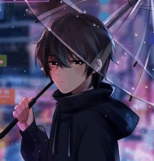 a boy holding a clear umbrella in the rain