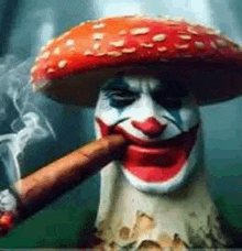 a clown mushroom is smoking a cigar and smiling .