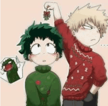 a couple of anime characters standing next to each other wearing sweaters .